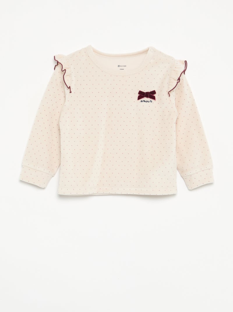 Pijama de 2 peças em veludo - Camisola com folhos nas cavas + calças Bege - Kiabi