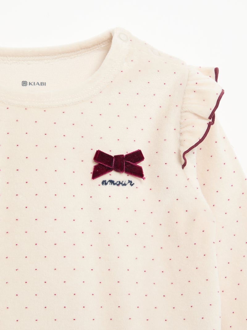 Pijama de 2 peças em veludo - Camisola com folhos nas cavas + calças Bege - Kiabi