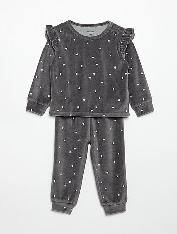 Pijama de 2 peças em veludo - Camisola com folhos nas cavas + calças