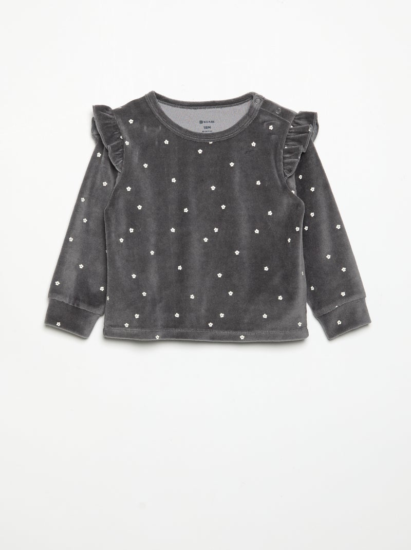 Pijama de 2 peças em veludo - Camisola com folhos nas cavas + calças Preto - Kiabi