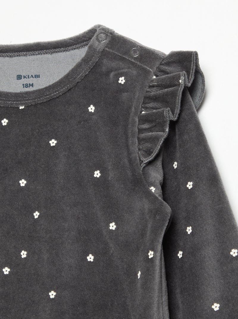Pijama de 2 peças em veludo - Camisola com folhos nas cavas + calças Preto - Kiabi