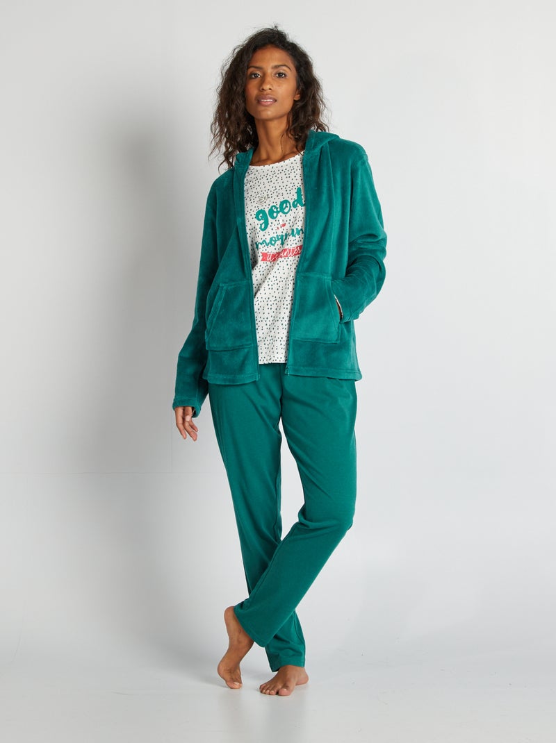 Pijama de 3 peças - casaco em malha polar + t-shirt + calças VERDE - Kiabi