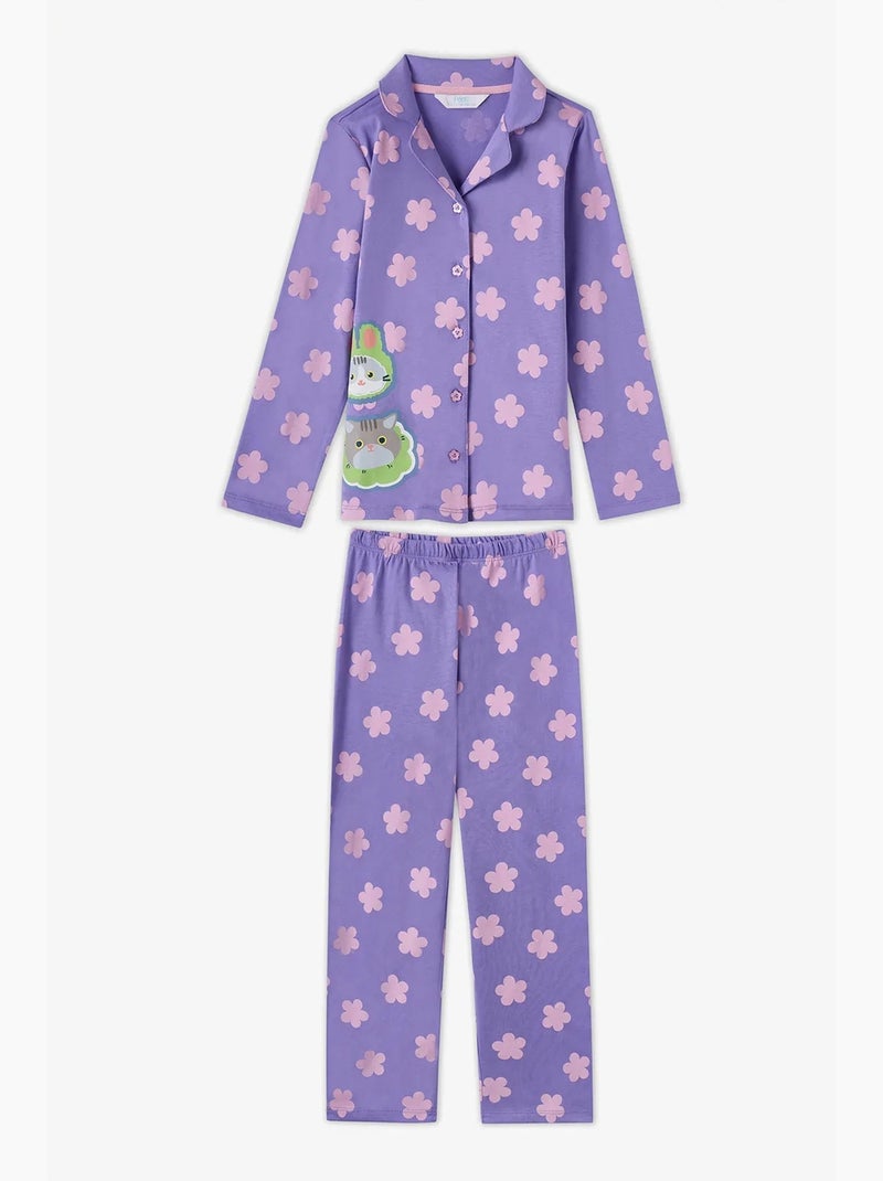 Pijama feel better com estampado de gato, camisa abotoada manga comprida e calça penti Lavanda - Kiabi