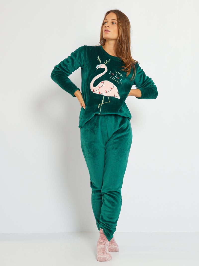 Pijama 'flamingo cor-de-rosa' em malha de peluche VERDE - Kiabi