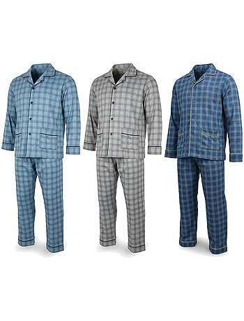 Pijama homem abotoado pack de 3, algodão forrado polar, manga comprida