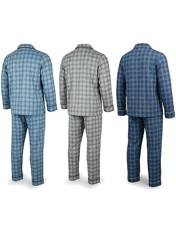 Pijama homem abotoado pack de 3, algodão forrado polar, manga comprida