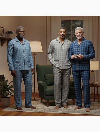 Pijama homem abotoado pack de 3, algodão forrado polar, manga comprida