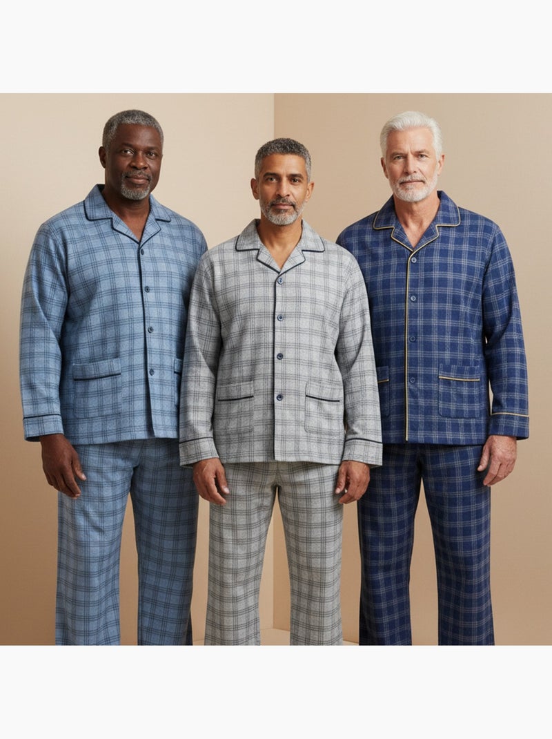 Pijama homem abotoado pack de 3, algodão forrado polar, manga comprida Cinza-azul - Kiabi