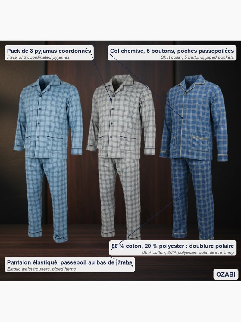 Pijama homem abotoado pack de 3, algodão forrado polar, manga comprida Cinza-azul - Kiabi