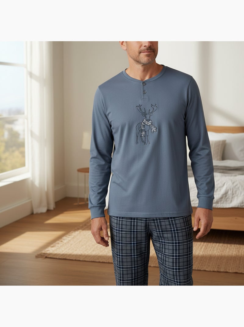 Pijama homem algodão bordado veado escocês ozabi Azul - Kiabi