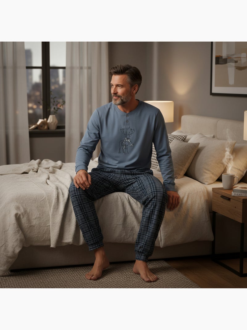 Pijama homem algodão bordado veado escocês ozabi Azul - Kiabi