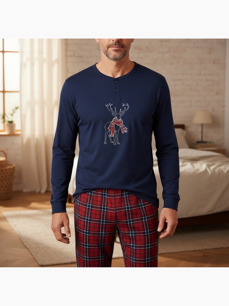 Pijama homem algodão bordado veado escocês ozabi Azul-marinho - Kiabi