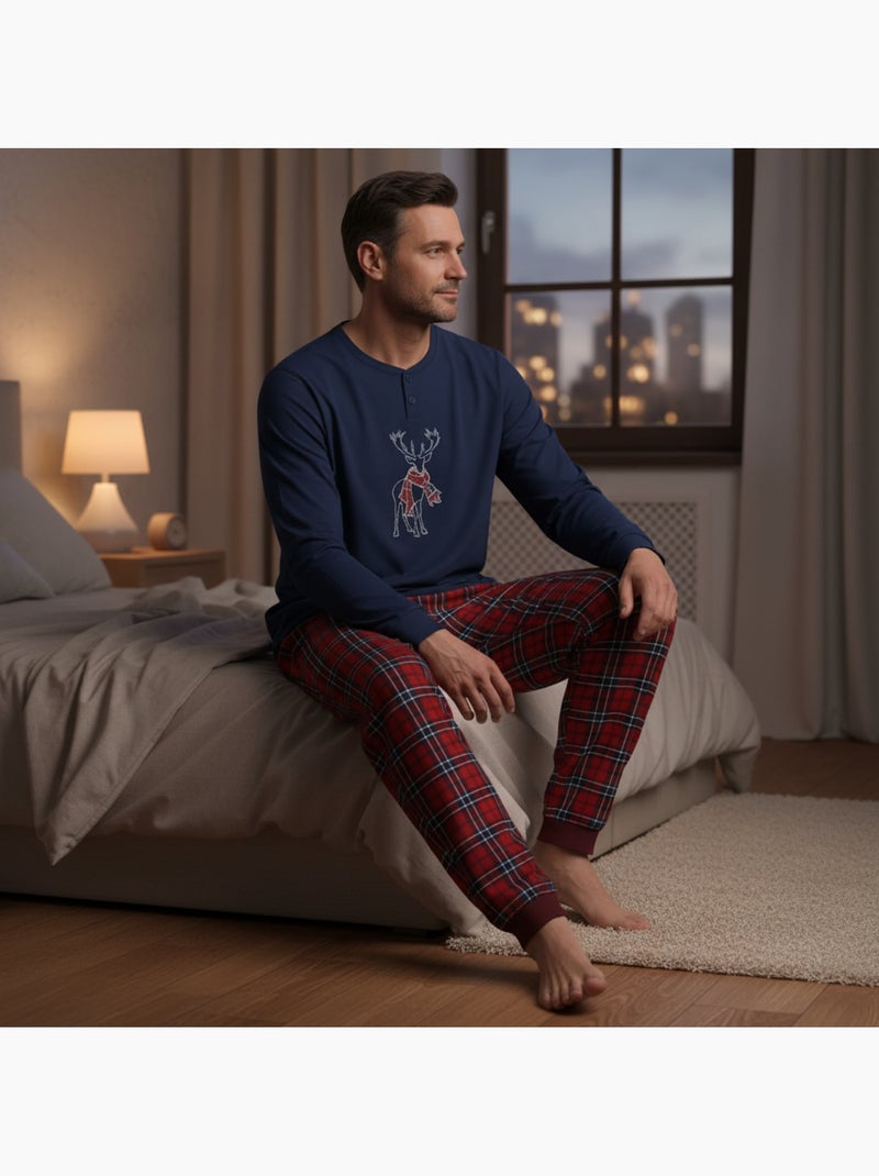 Pijama homem algodão bordado veado escocês ozabi Azul-marinho - Kiabi