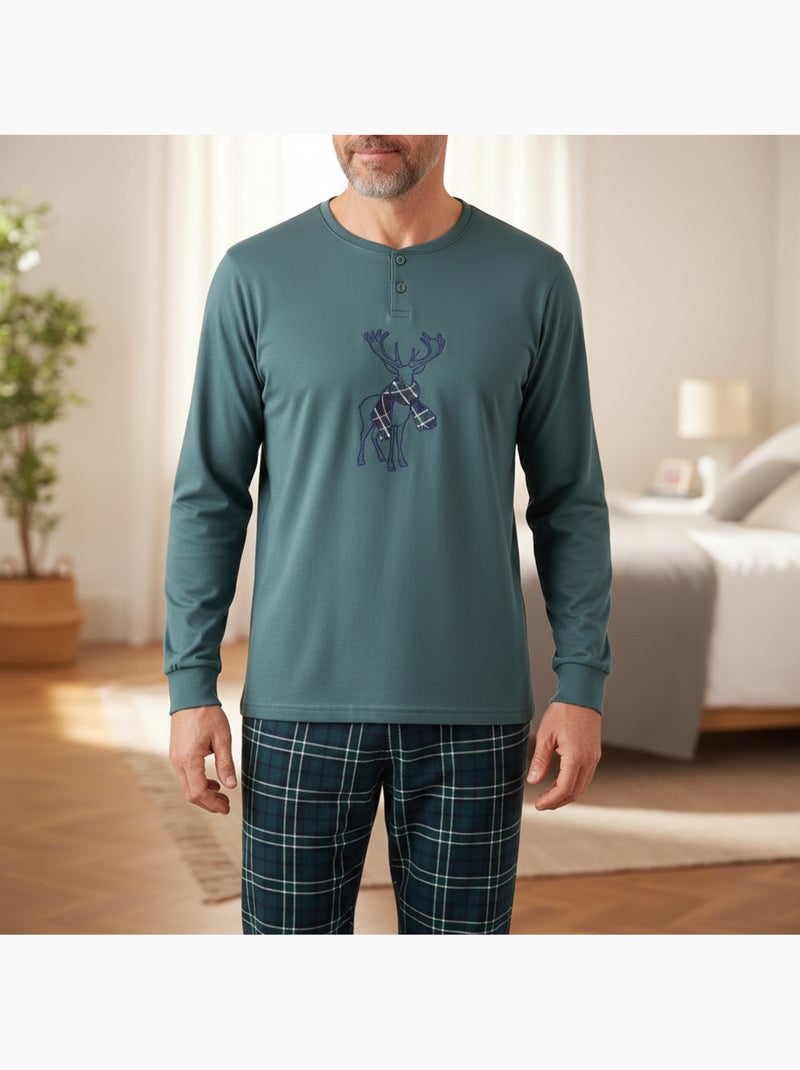 Pijama homem algodão bordado veado escocês ozabi Cáqui - Kiabi