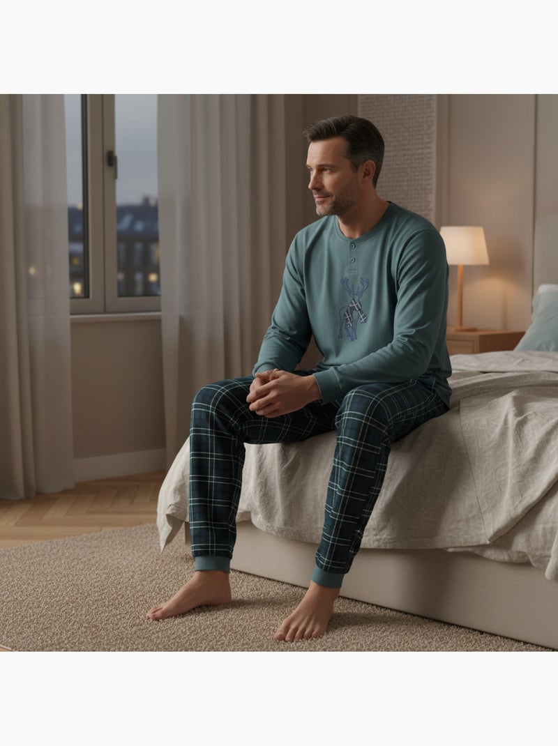 Pijama homem algodão bordado veado escocês ozabi Cáqui - Kiabi