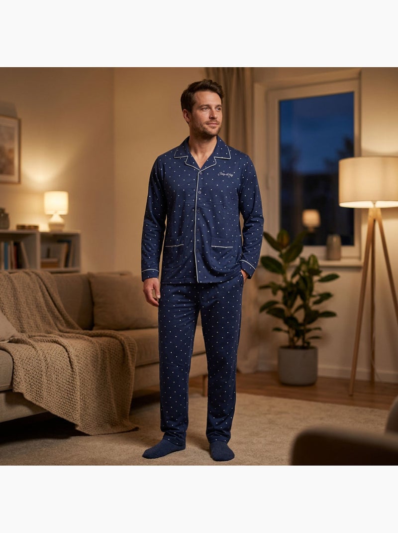 Pijama Homem Comprido Botões Gola Camisa OZABI Suave Azul - Kiabi