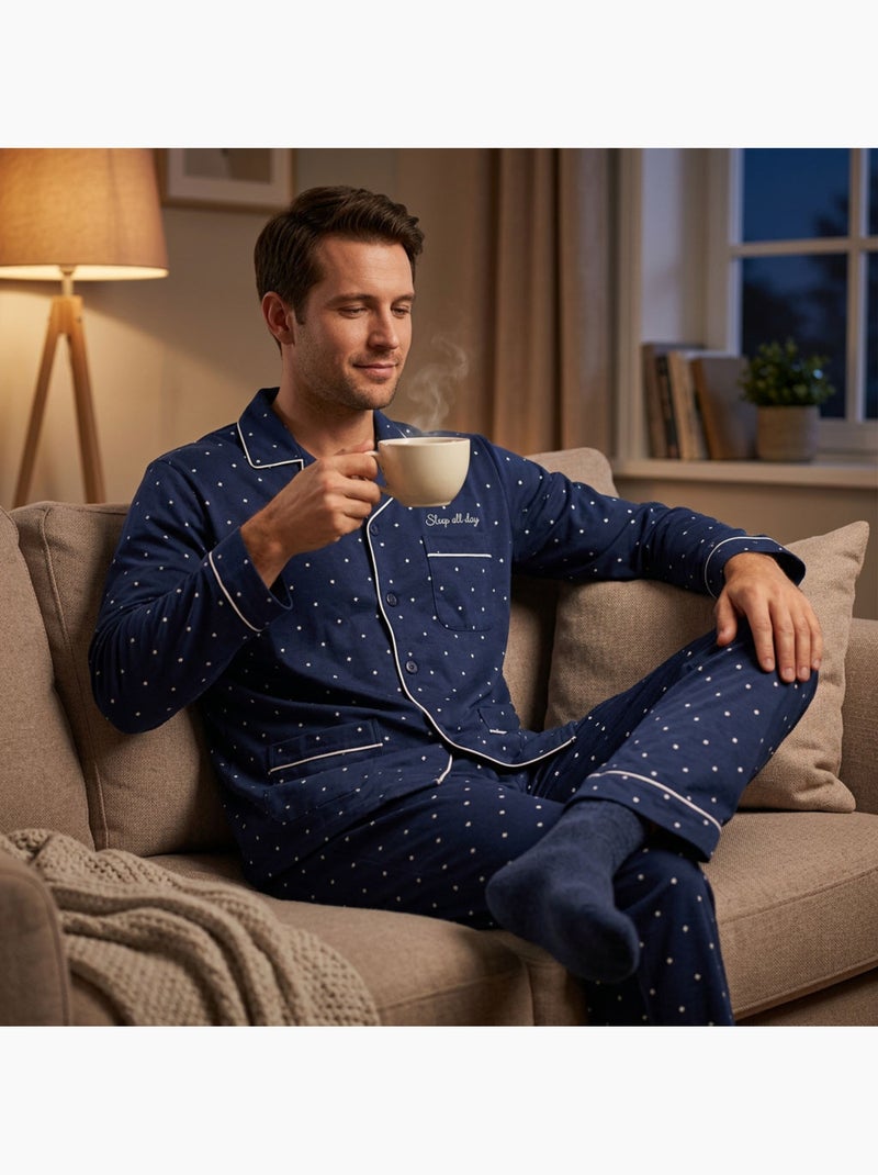 Pijama Homem Comprido Botões Gola Camisa OZABI Suave Azul - Kiabi