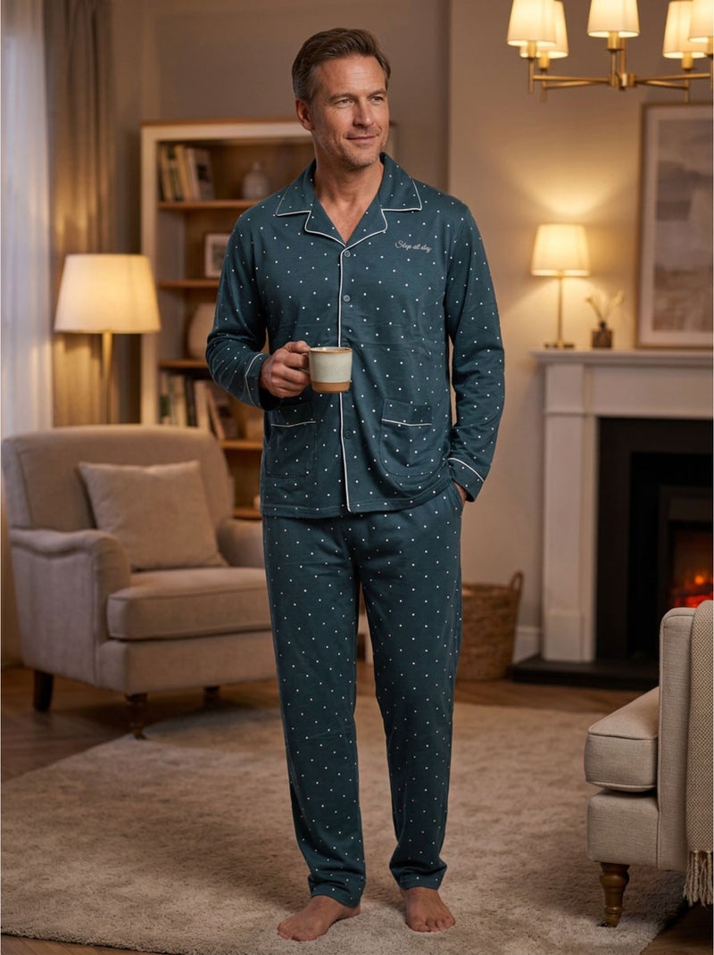 Pijama Homem Comprido Botões Gola Camisa OZABI Suave Verde - Kiabi
