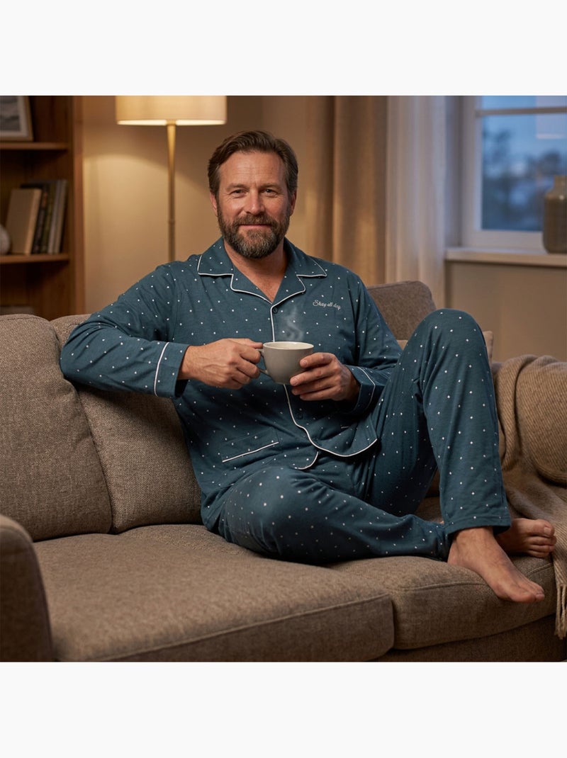 Pijama Homem Comprido Botões Gola Camisa OZABI Suave Verde - Kiabi