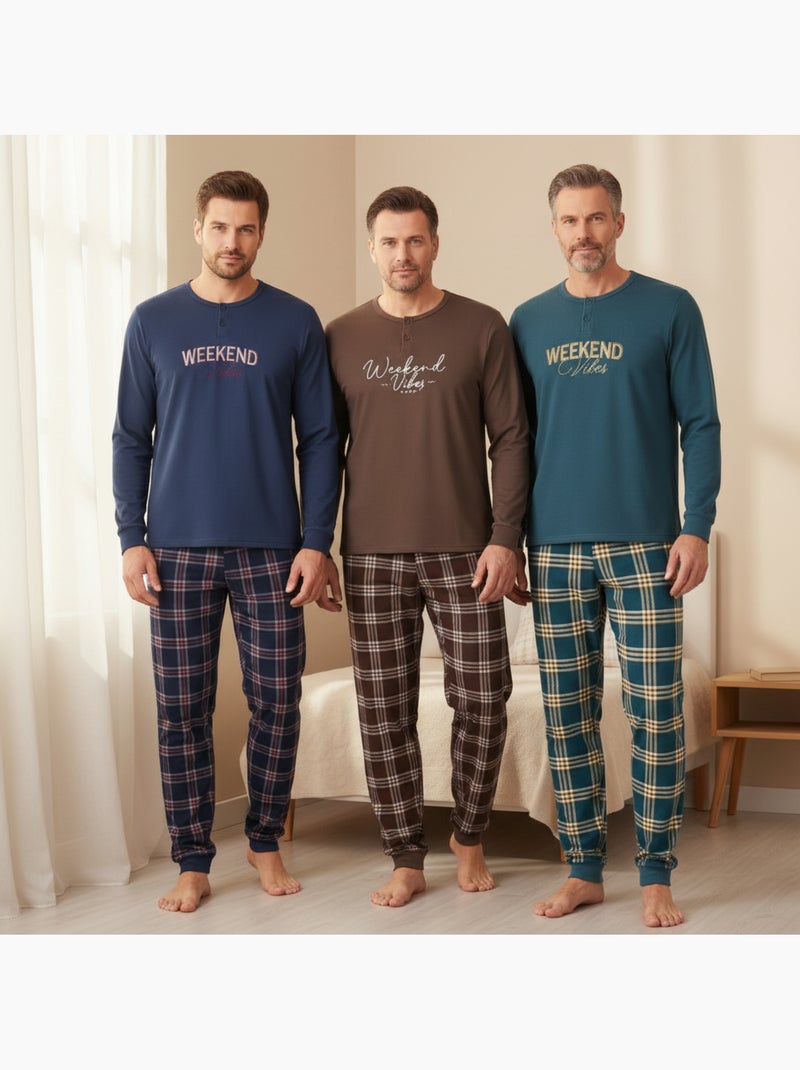 Pijama homem forrado polar ozabi pack 3 cores sortidas Azul Marrom - Kiabi
