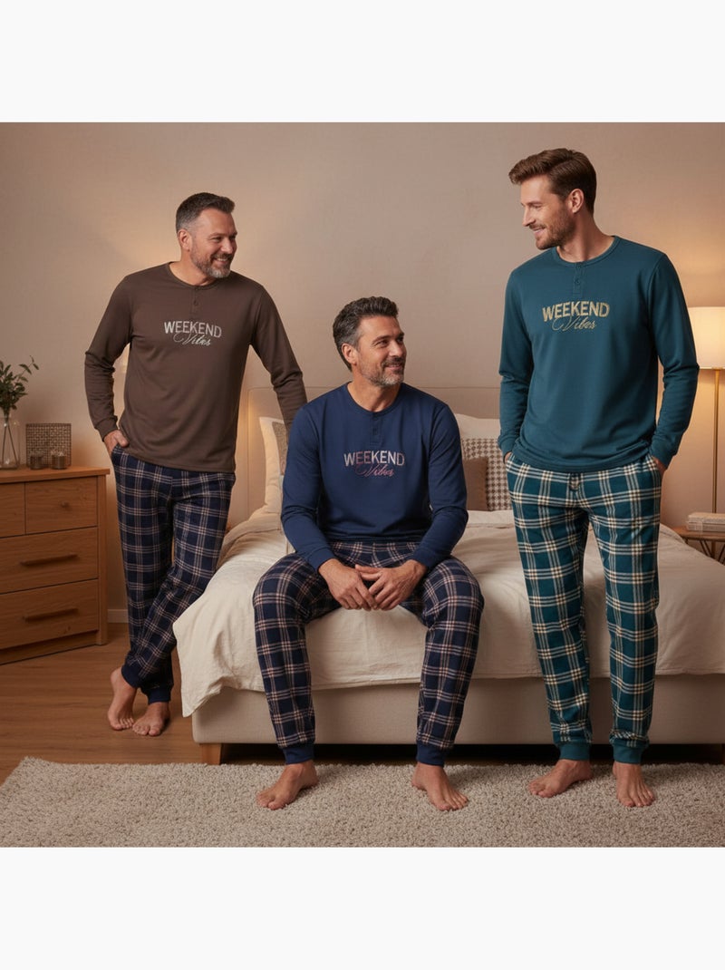 Pijama homem forrado polar ozabi pack 3 cores sortidas Azul Marrom - Kiabi