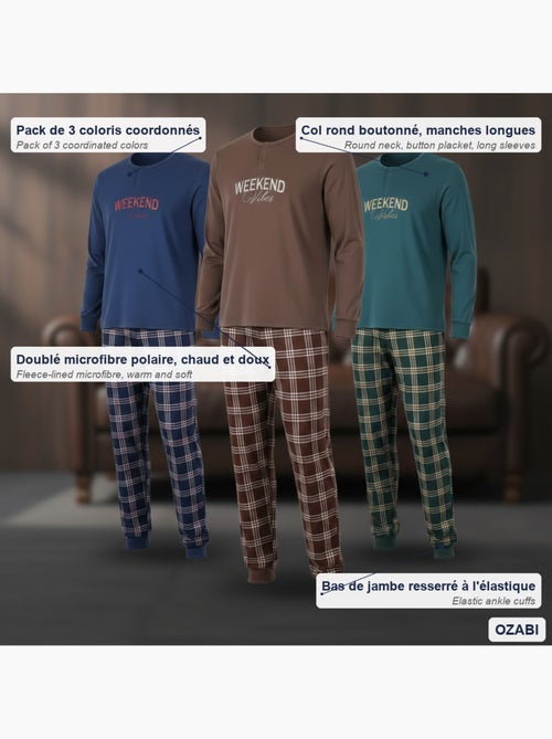 Pijama homem forrado polar ozabi pack 3 cores sortidas - Kiabi