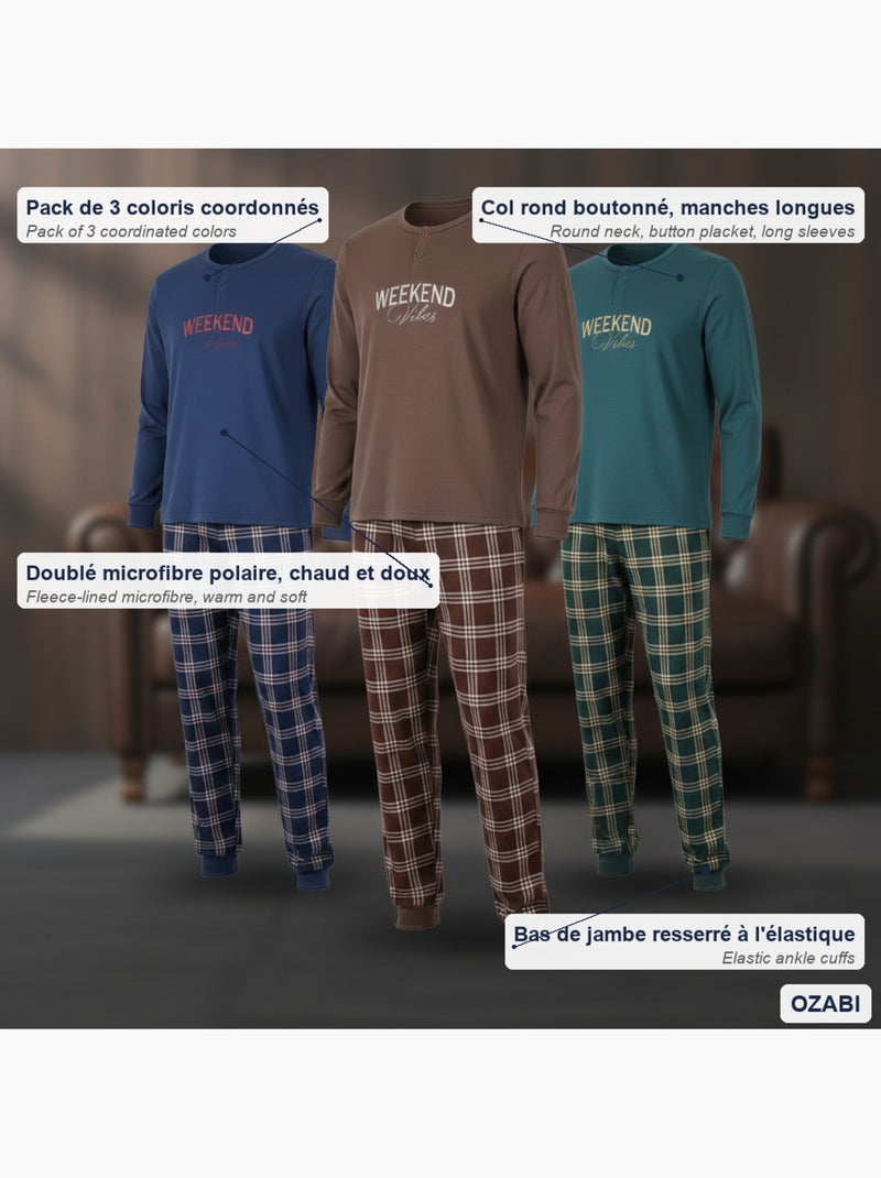 Pijama homem forrado polar ozabi pack 3 cores sortidas Azul Marrom - Kiabi