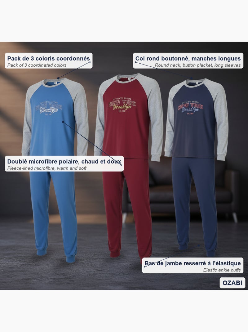 Pijama homem forrado polar ozabi pack 3 cores sortidas Azul Vermelho - Kiabi