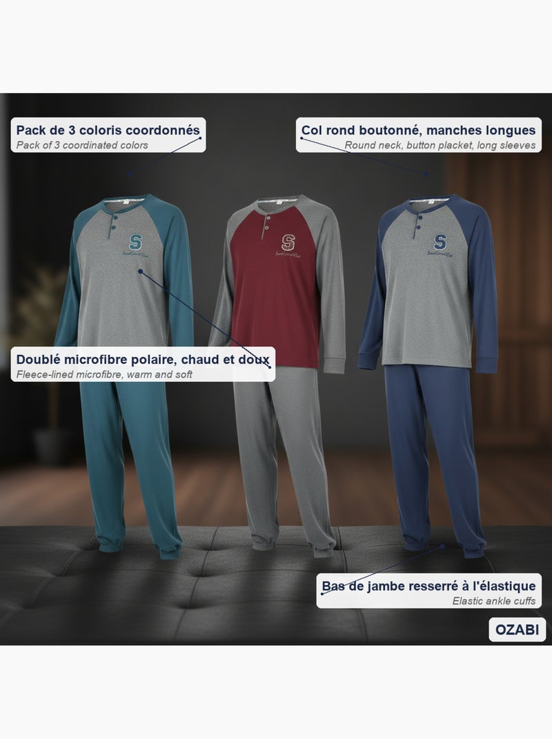 Pijama homem forrado polar ozabi pack 3 cores sortidas Cinza-verde - Kiabi