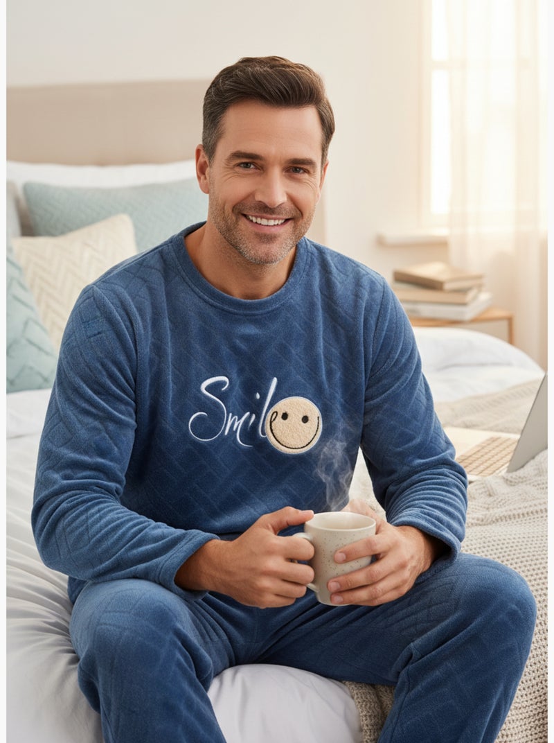 Pijama Homem Inverno Polar Macio SMILE Azul-marinho - Kiabi