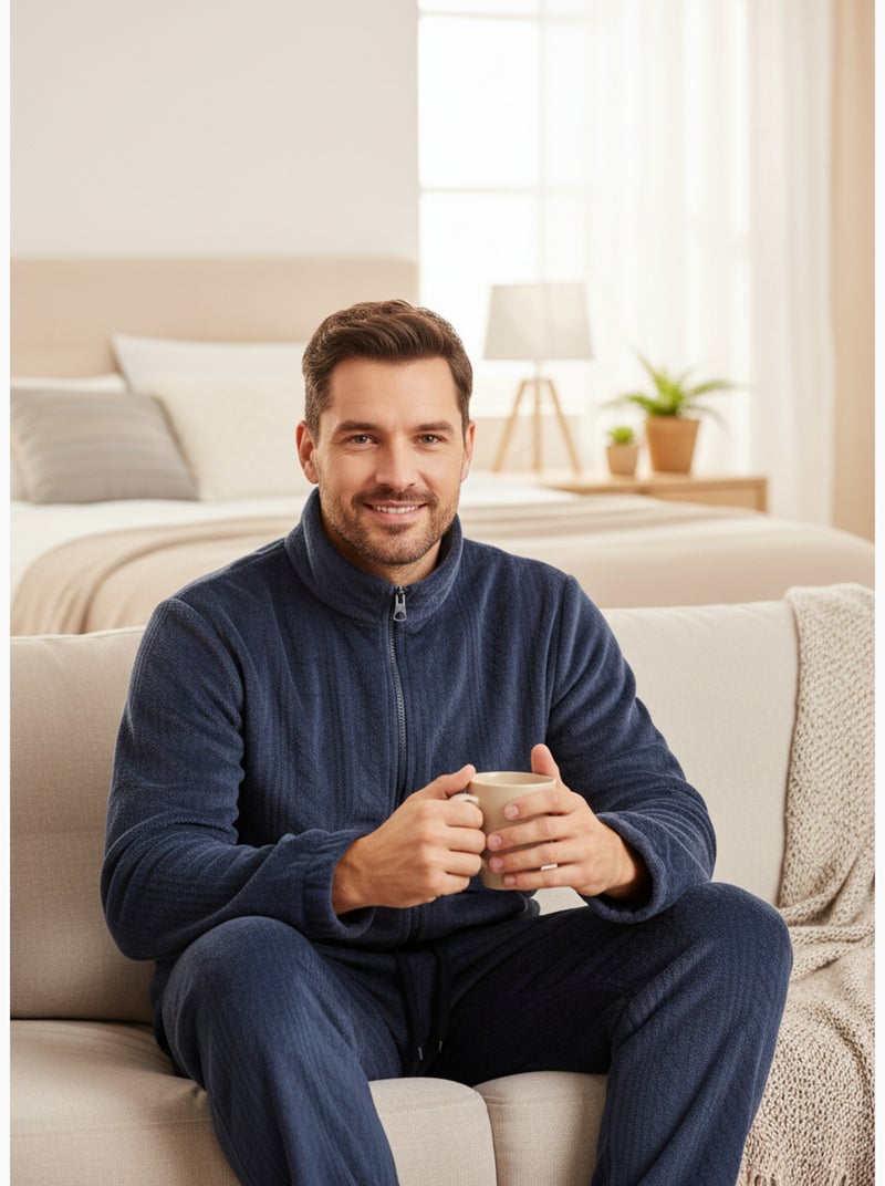 Pijama Homem Inverno Polar Macio ZIP Azul-marinho - Kiabi