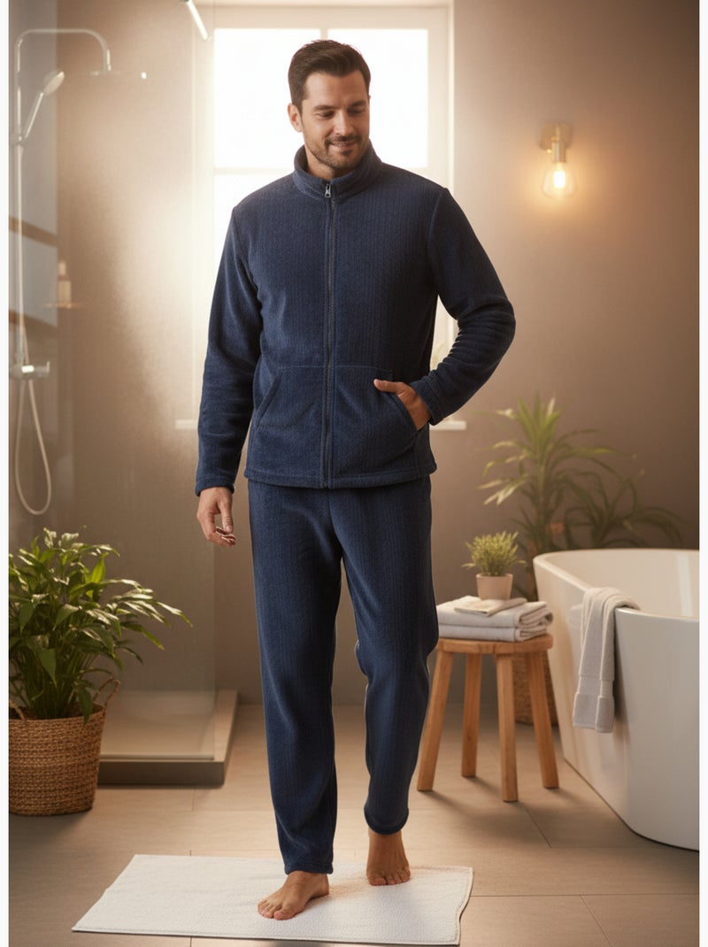 Pijama Homem Inverno Polar Macio ZIP Azul-marinho - Kiabi