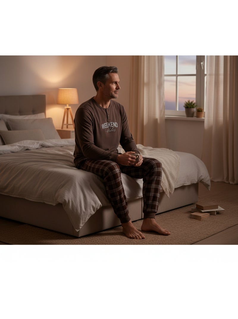 Pijama homem polar ozabi brodado weekend vibes Castanho - Kiabi