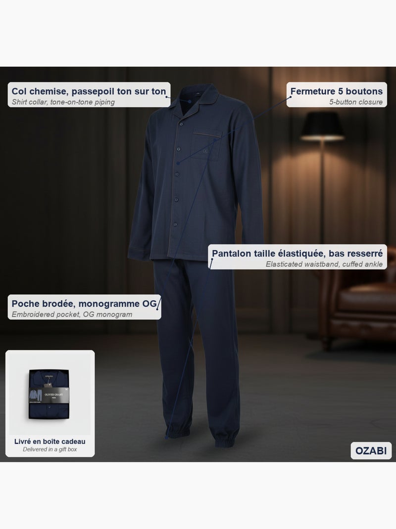 Pijama Longo Homem Totalmente Abotoado 100% Algodão OLIVER GRANT PARIS Azul-marinho - Kiabi