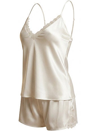Pijama mulher acetinado top de alças renda decote em v toque de seda ozabi