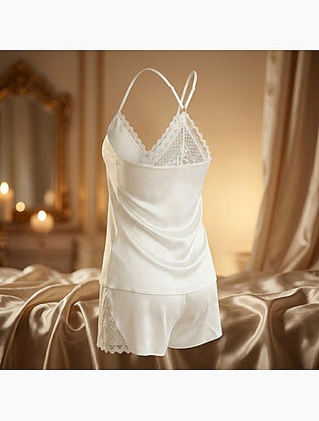 Pijama mulher acetinado top de alças renda decote em v toque de seda ozabi