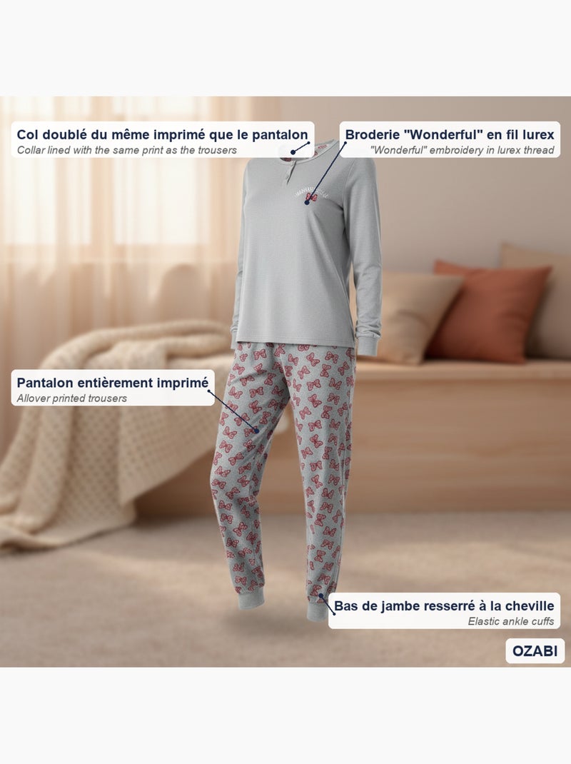 Pijama mulher algodão polar bordado lurex ozabi Cinza - Kiabi