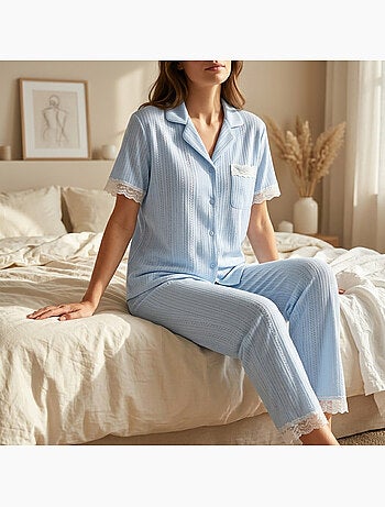 Pijama Mulher Comprido Abotoado Renda Tecido Ultra Leve OZABI