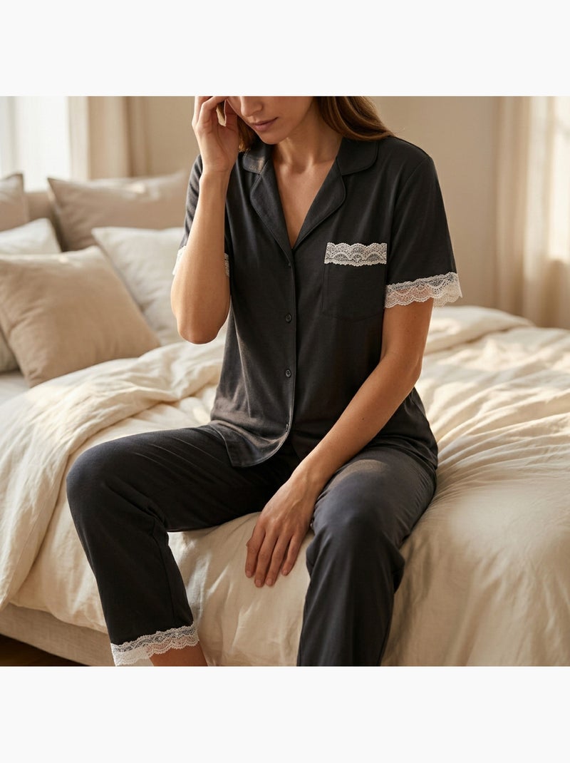 Pijama Mulher Comprido Abotoado Renda Tecido Ultra Leve OZABI Preto - Kiabi