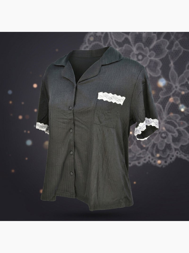 Pijama Mulher Comprido Abotoado Renda Tecido Ultra Leve OZABI Preto - Kiabi