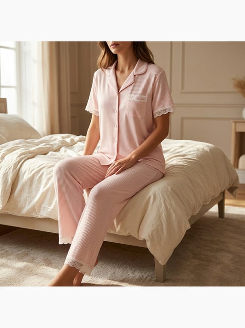 Pijama Mulher Comprido Abotoado Renda Tecido Ultra Leve OZABI - Kiabi
