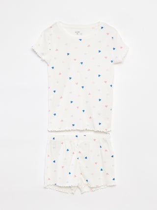 Pijama t-shirt + calções com estampado e bordos ondulados 2 peças