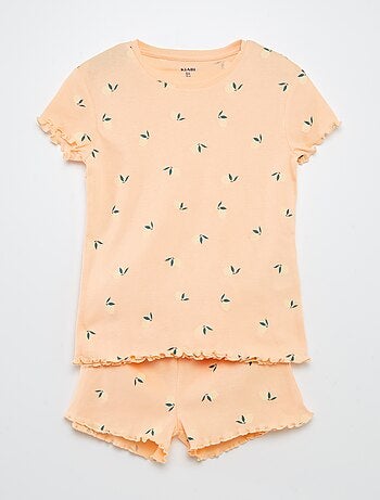 Pijama t-shirt + calções com estampado e bordos ondulados 2 peças