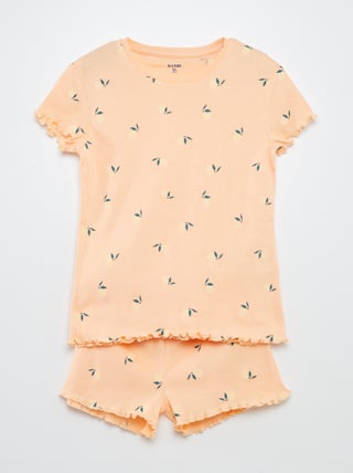 Pijama t-shirt + calções com estampado e bordos ondulados 2 peças