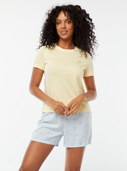 Pijama t-shirt com mensagem + calções às riscas - 2 peças - Kiabi