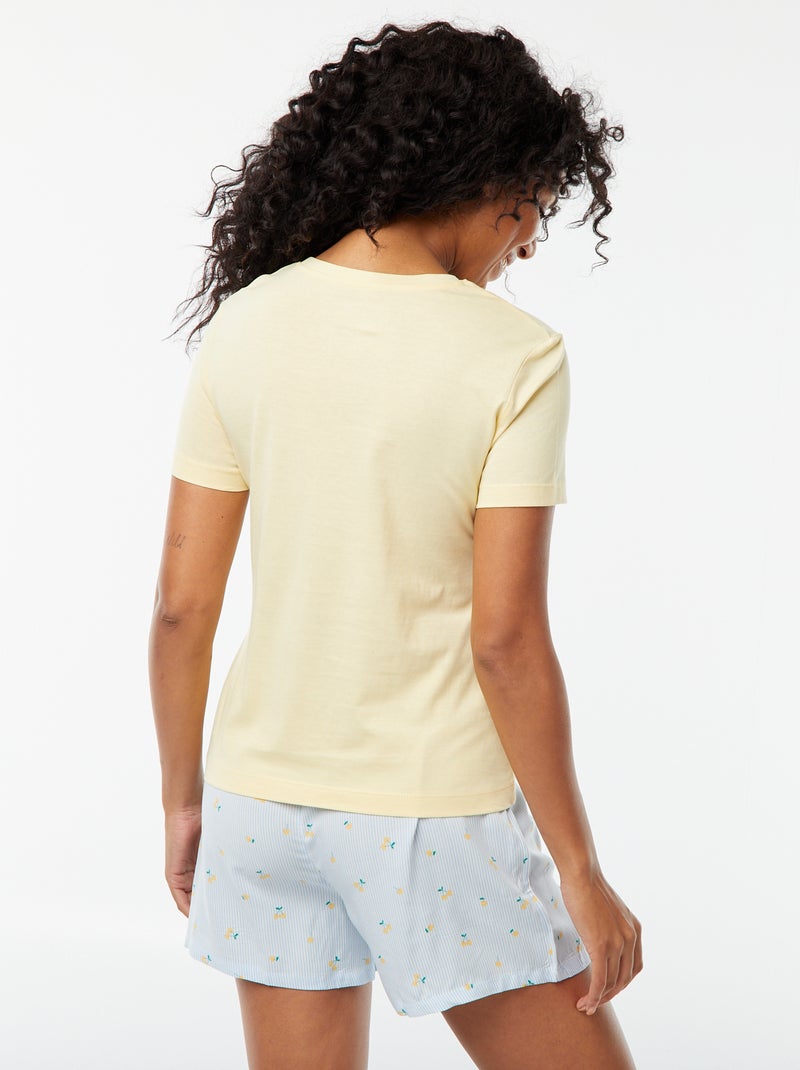Pijama t-shirt com mensagem + calções às riscas - 2 peças Amarelo - Kiabi