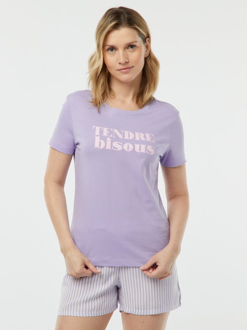 Pijama t-shirt com mensagem + calções às riscas - 2 peças - Kiabi