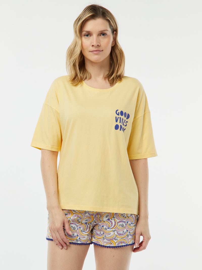 Pijama t-shirt com mensagem + calções estampados AMARELO - Kiabi