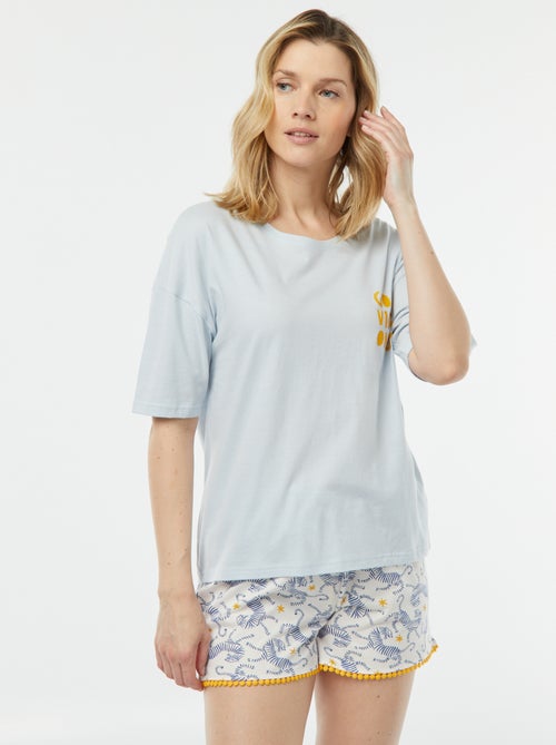 Pijama t-shirt com mensagem + calções estampados - Kiabi