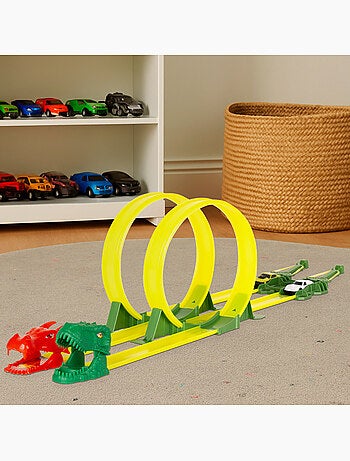 Pista de carros de dinossauro com lançador duplo e dois carros teamsterz